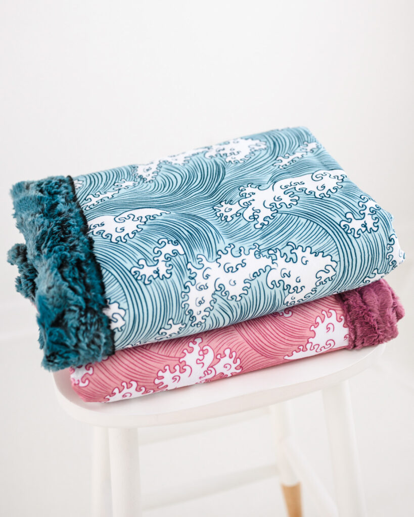 Minky blanket with waves in blue and pink