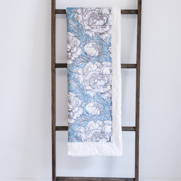 Peonies Premium Plush Luxury Minky Blanket | Soft Blue & White Floral Throw
